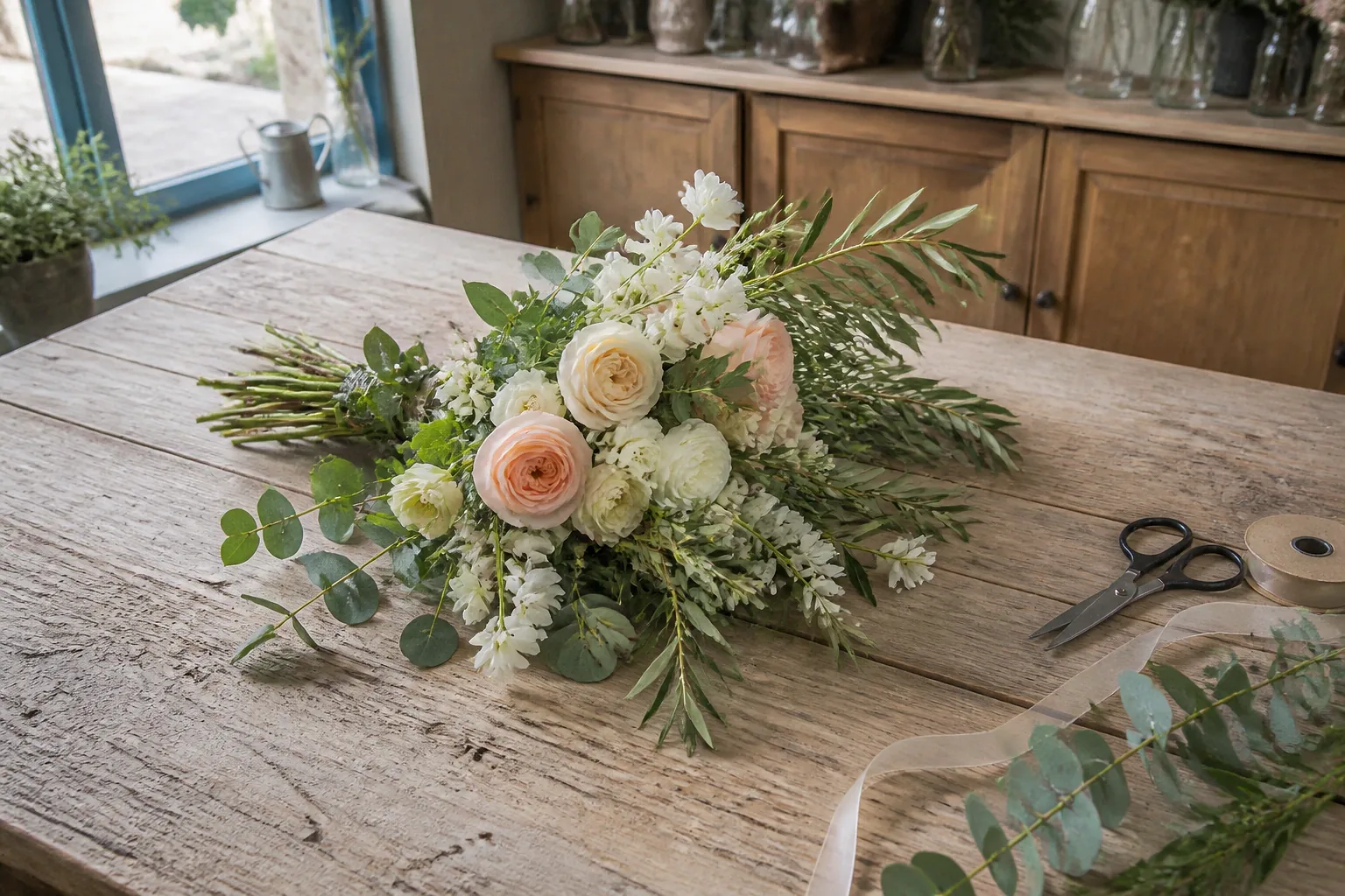 Préparation florale pour un mariage — illustration générée par IA