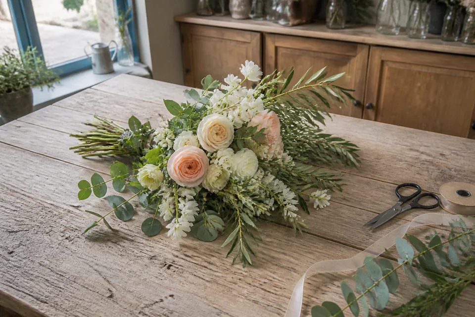 Préparation florale pour un mariage — illustration générée par IA