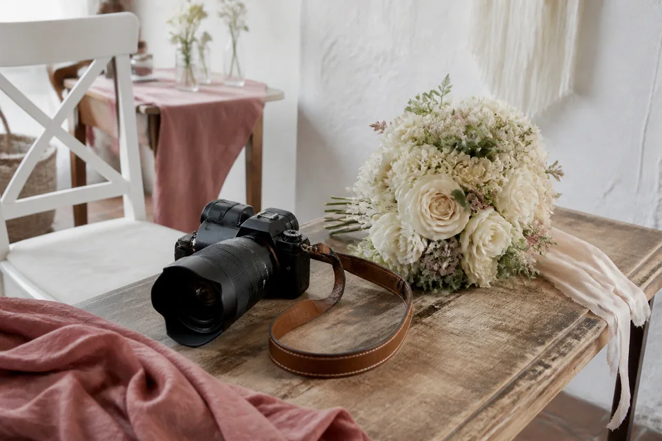 Appareil photo et accessoires de reportage de mariage — illustration générée par IA