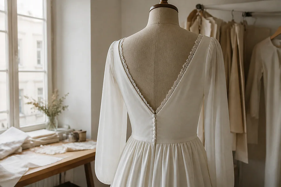 Robe de mariée dans un atelier de confection — illustration générée par IA