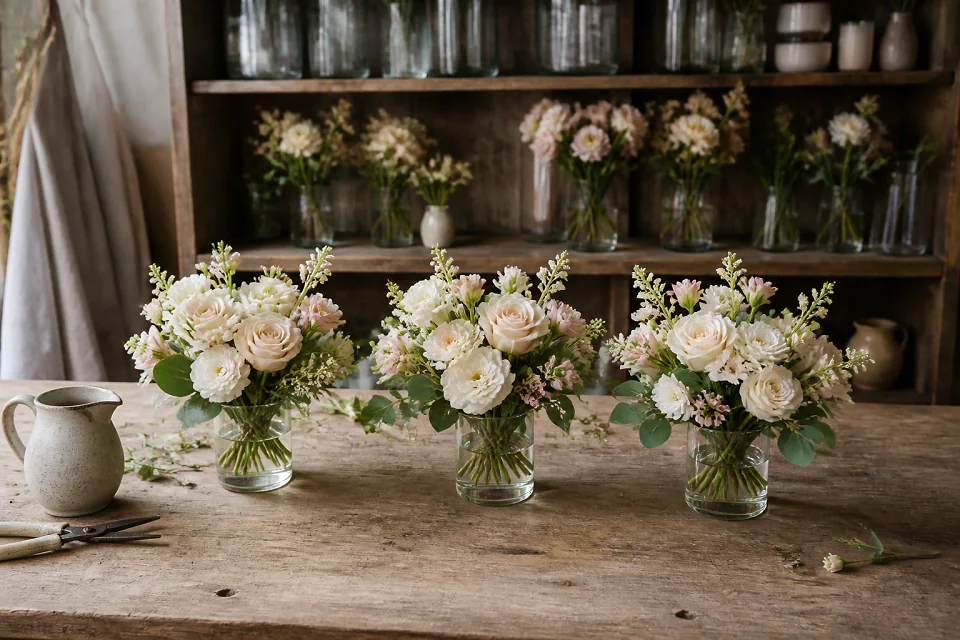 Préparation florale pour un mariage — illustration générée par IA