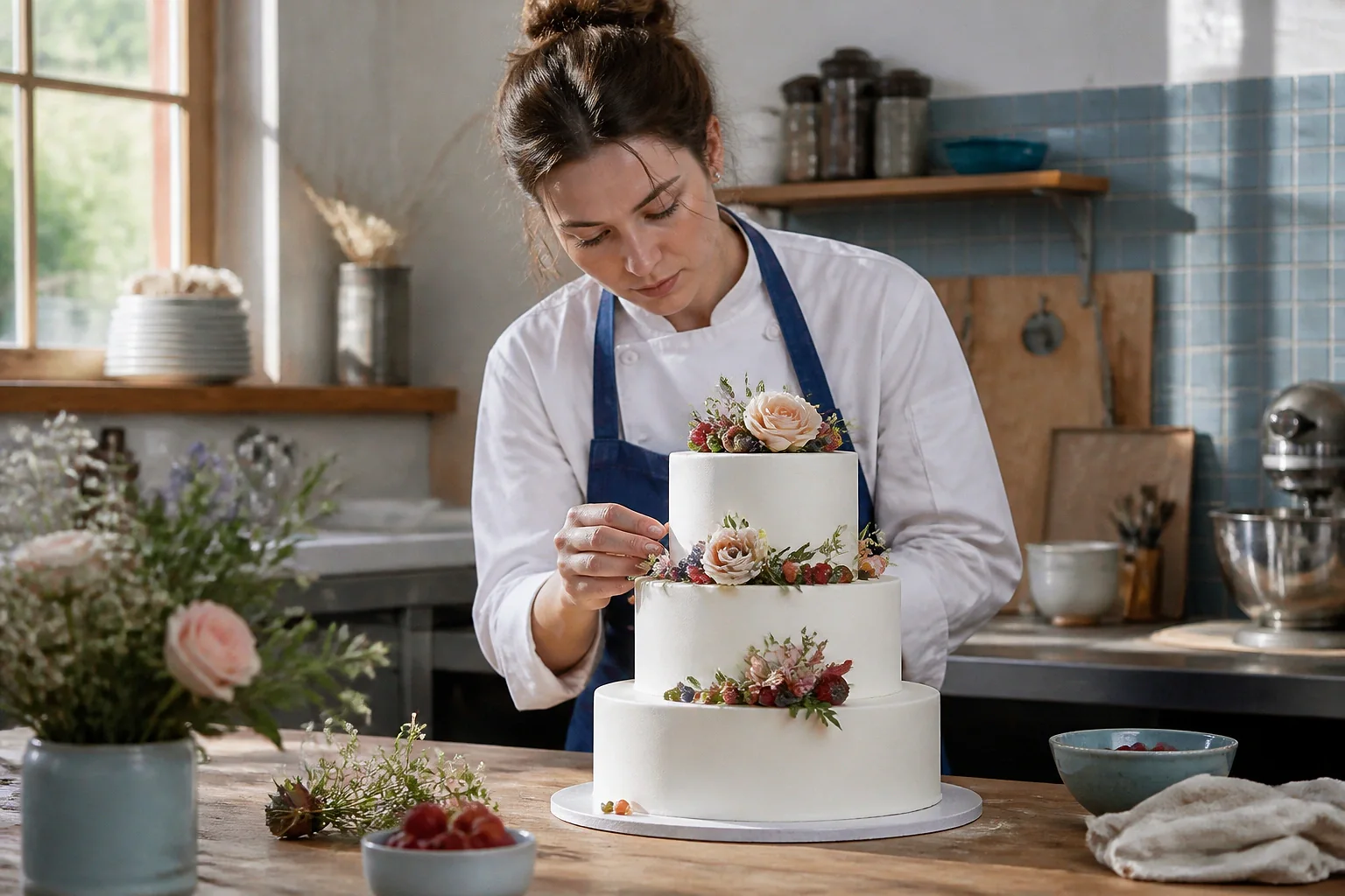 Gâteau de mariage préparé dans un atelier — illustration générée par IA