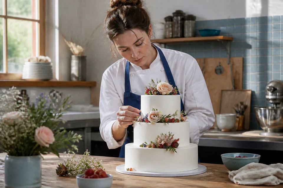 Gâteau de mariage préparé dans un atelier — illustration générée par IA