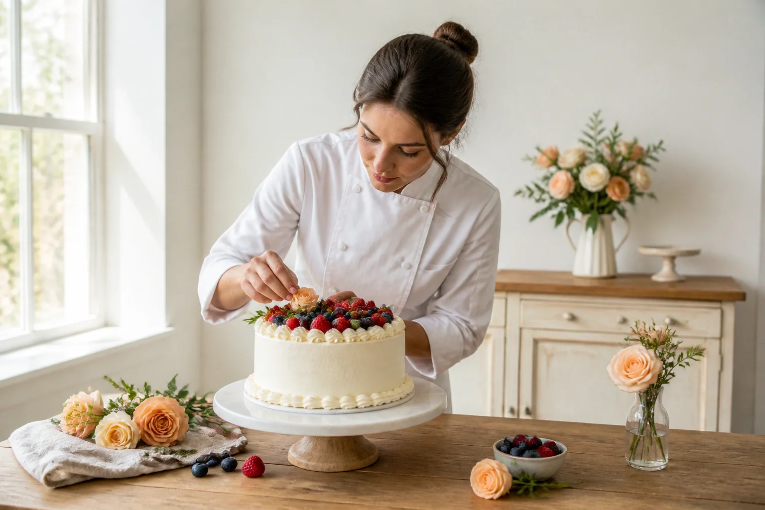 Gâteau de mariage préparé dans un atelier — illustration générée par IA