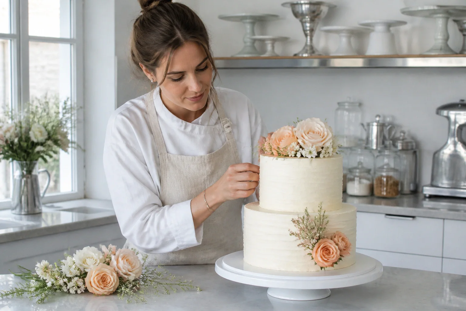 Gâteau de mariage préparé dans un atelier — illustration générée par IA