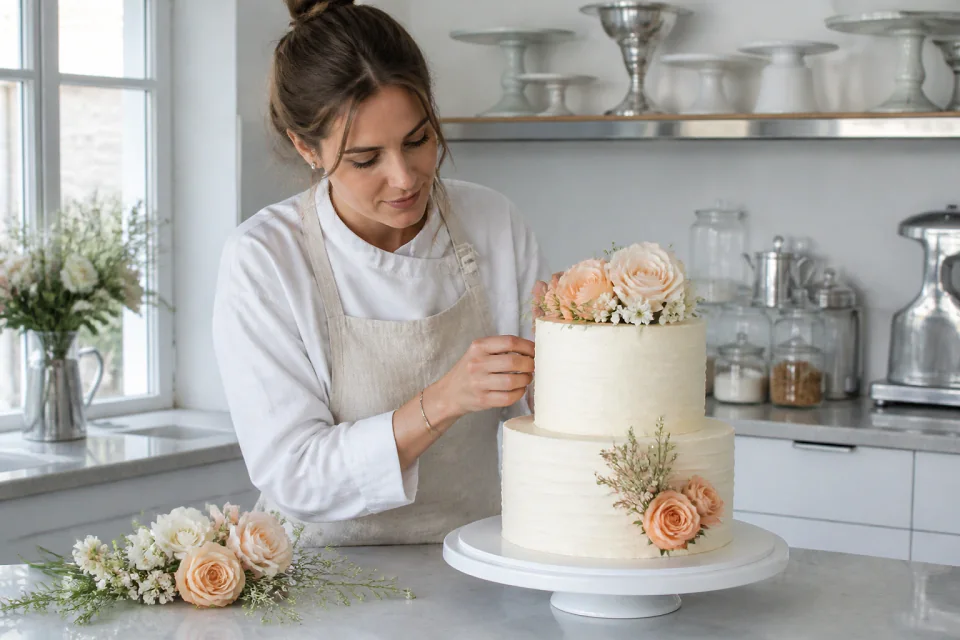 Gâteau de mariage préparé dans un atelier — illustration générée par IA
