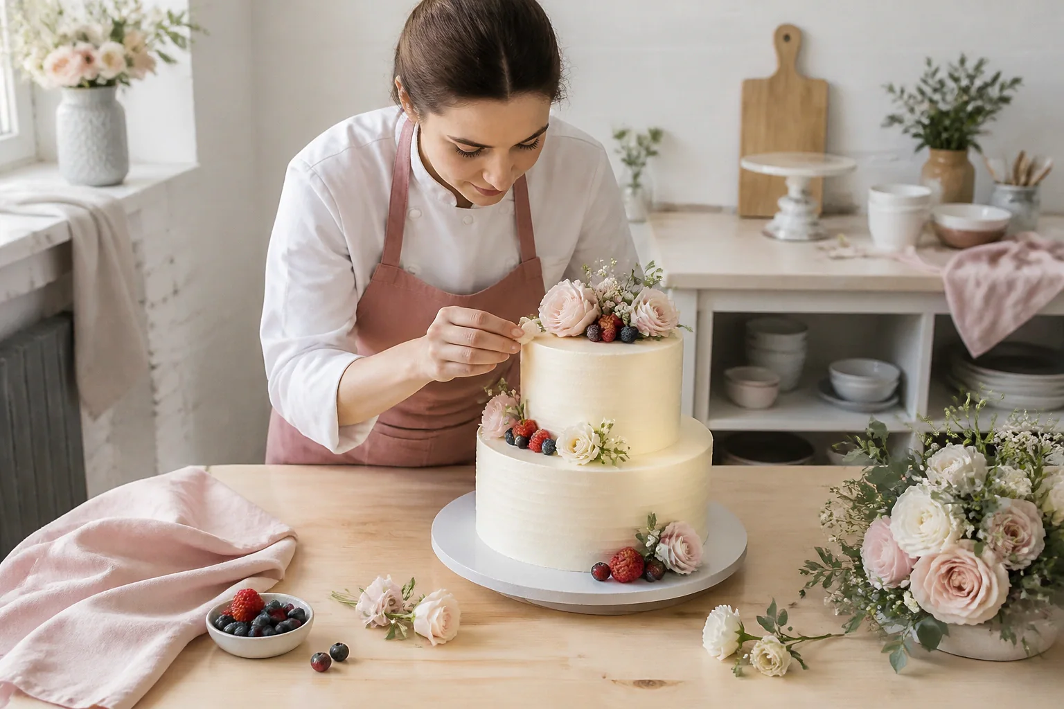 Gâteau de mariage préparé dans un atelier — illustration générée par IA