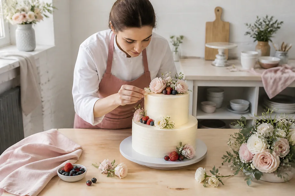 Gâteau de mariage préparé dans un atelier — illustration générée par IA