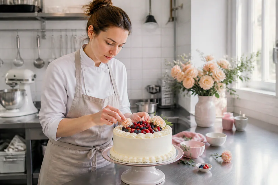Gâteau de mariage préparé dans un atelier — illustration générée par IA