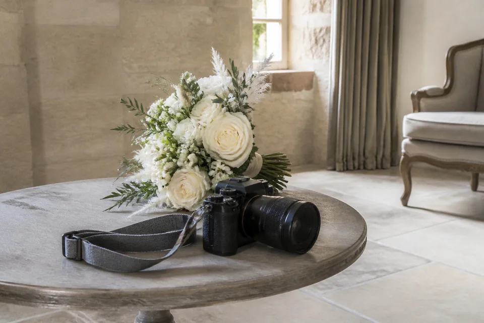 Appareil photo et accessoires de reportage de mariage — illustration générée par IA
