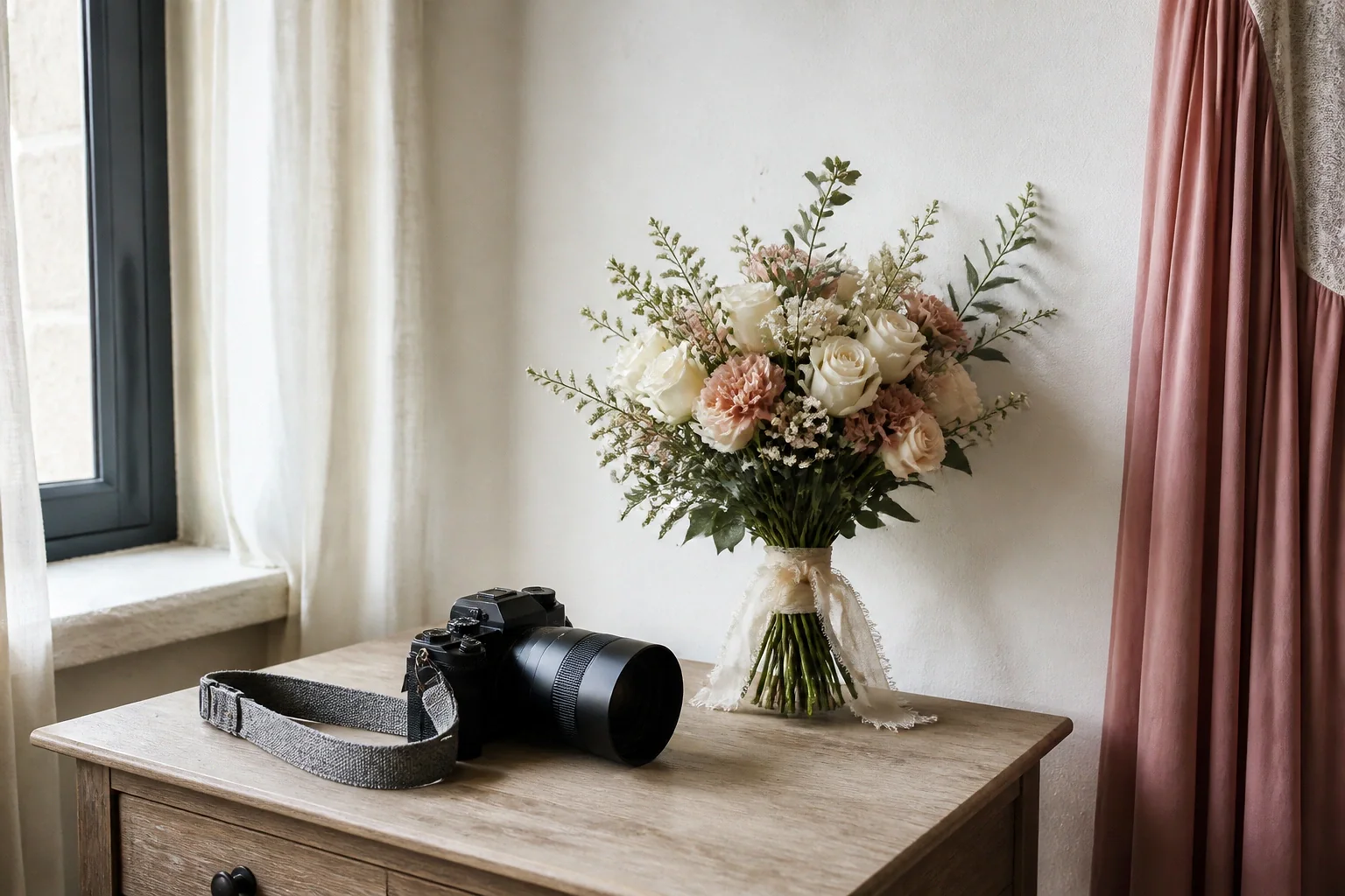 Appareil photo et accessoires de reportage de mariage — illustration générée par IA