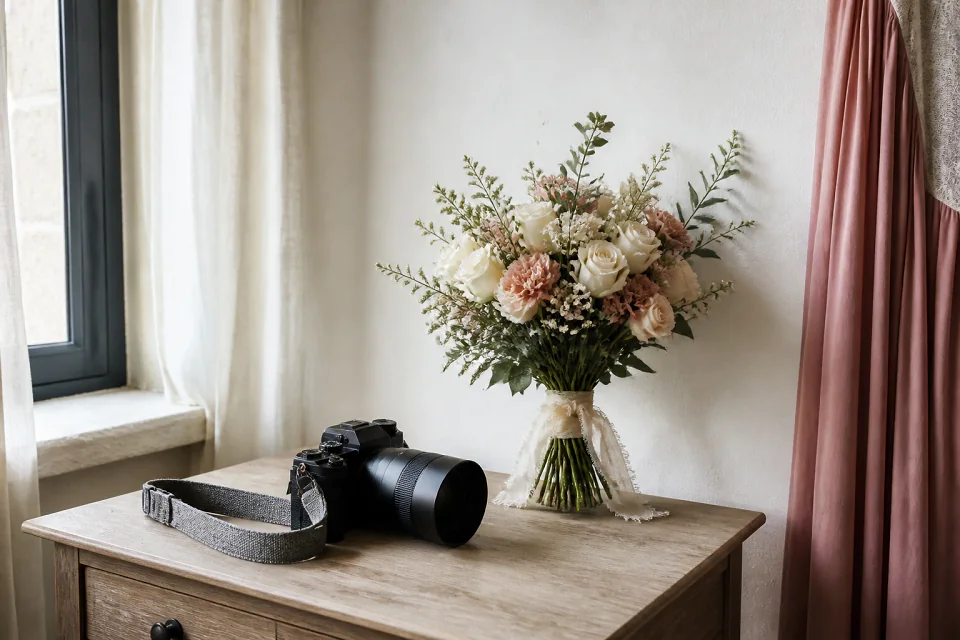 Appareil photo et accessoires de reportage de mariage — illustration générée par IA