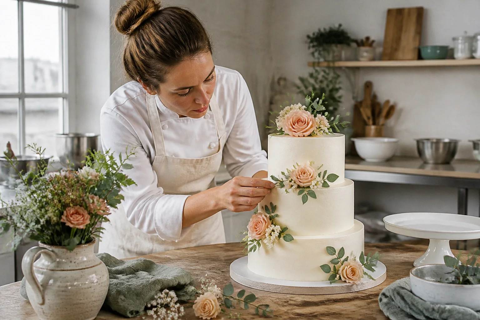 Gâteau de mariage préparé dans un atelier — illustration générée par IA