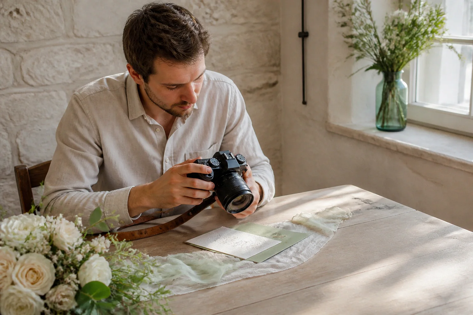 Appareil photo et accessoires de reportage de mariage — illustration générée par IA