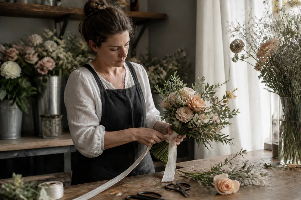 Préparation florale pour un mariage — illustration générée par IA