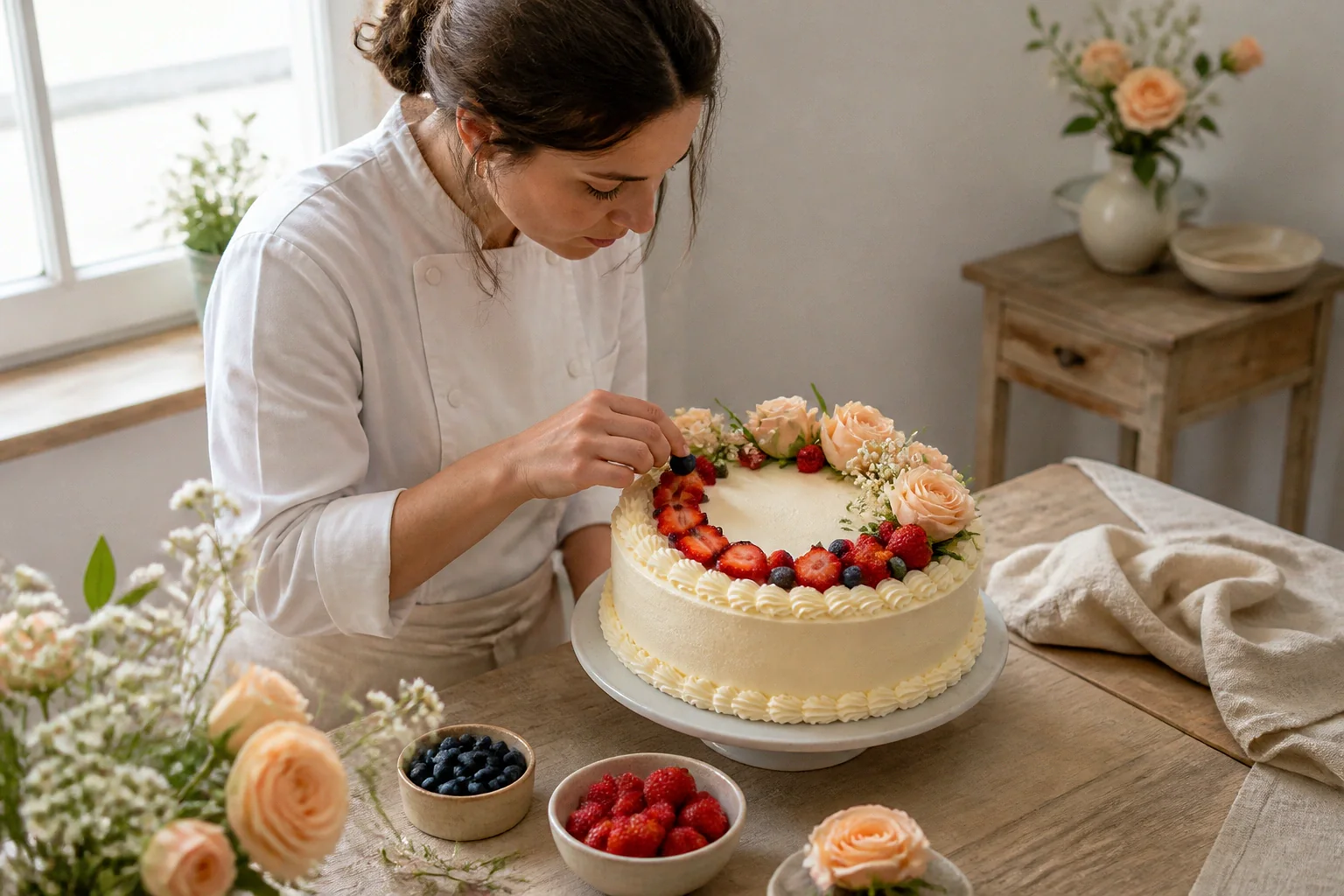 Gâteau de mariage préparé dans un atelier — illustration générée par IA
