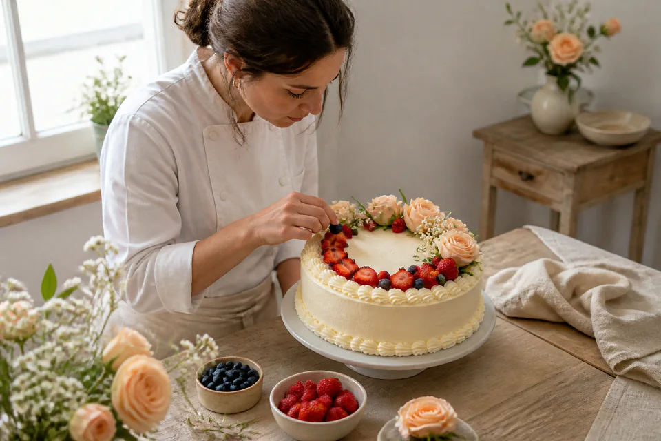 Gâteau de mariage préparé dans un atelier — illustration générée par IA