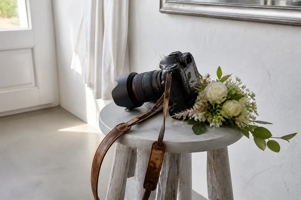 Appareil photo et accessoires de reportage de mariage — illustration générée par IA