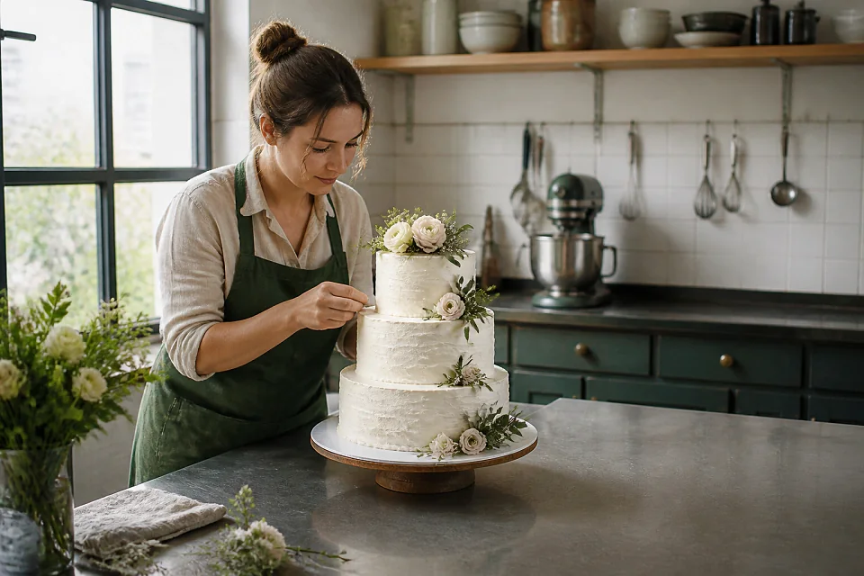 Gâteau de mariage préparé dans un atelier — illustration générée par IA