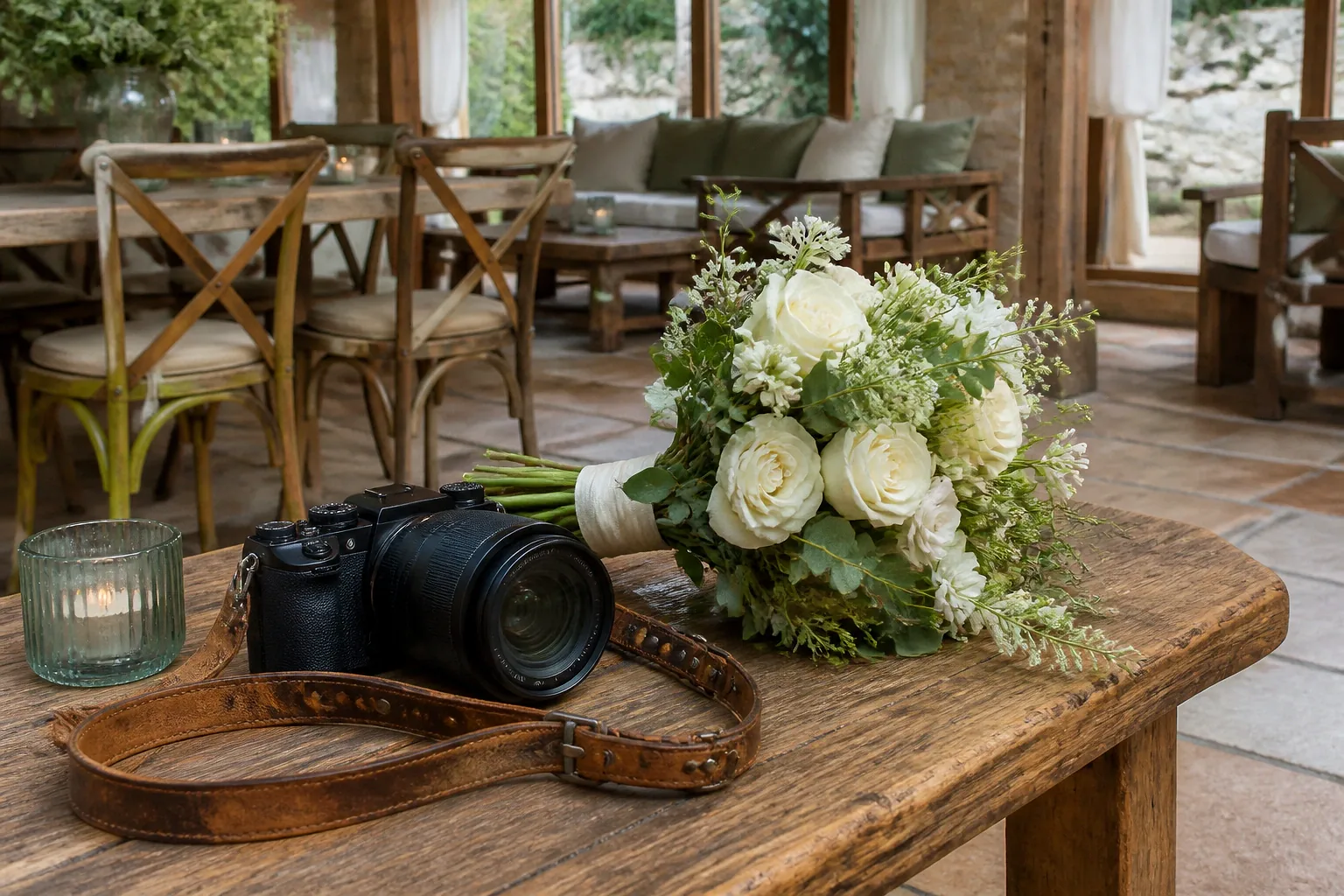 Appareil photo et accessoires de reportage de mariage — illustration générée par IA
