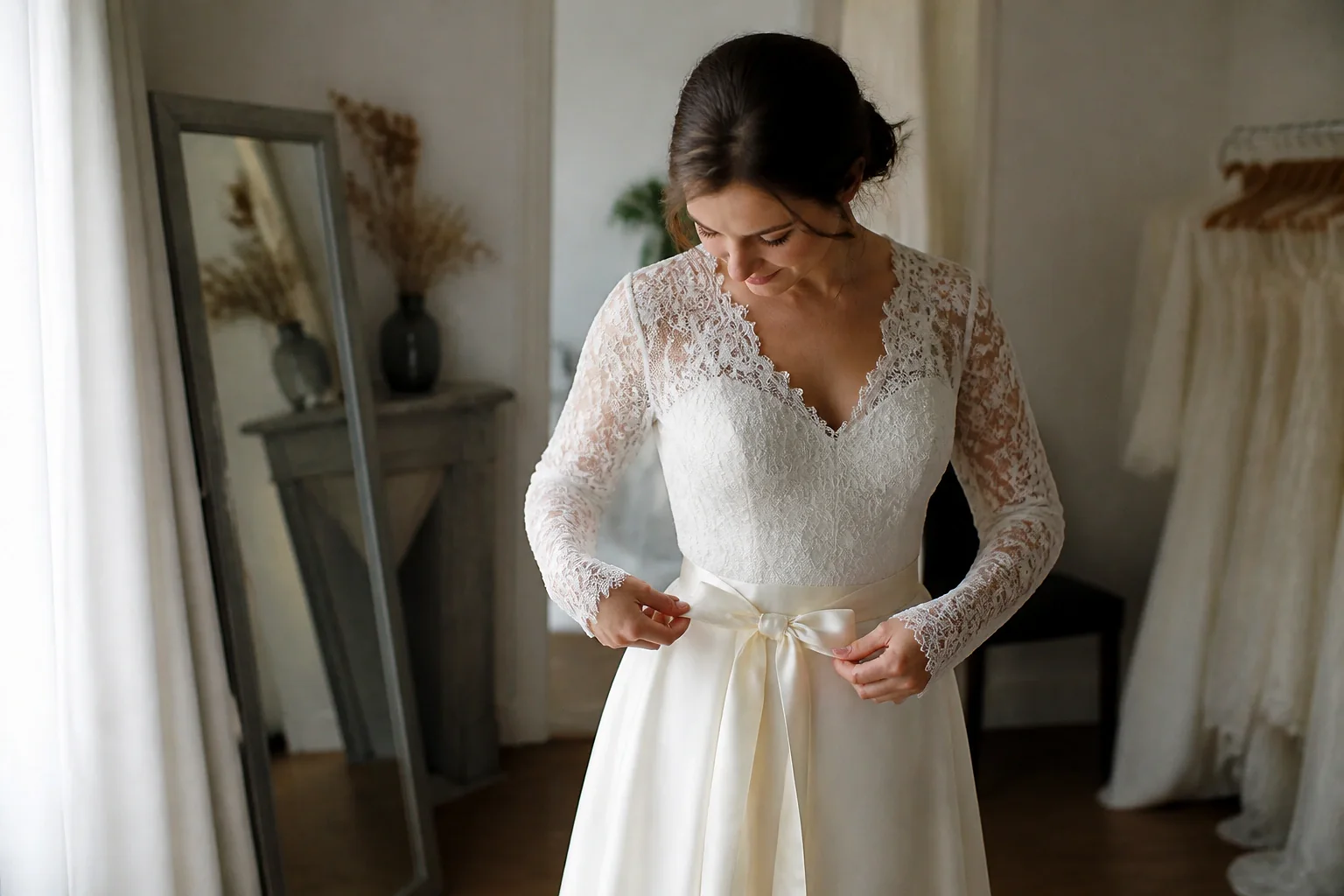 Robe de mariée dans un atelier de confection — illustration générée par IA