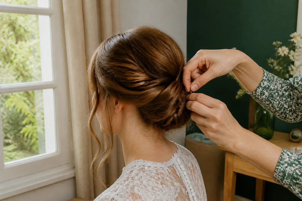 Coiffure de cérémonie vue pendant la préparation — illustration générée par IA