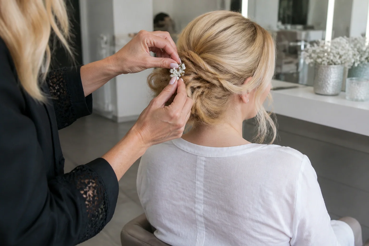 Coiffure de cérémonie vue pendant la préparation — illustration générée par IA