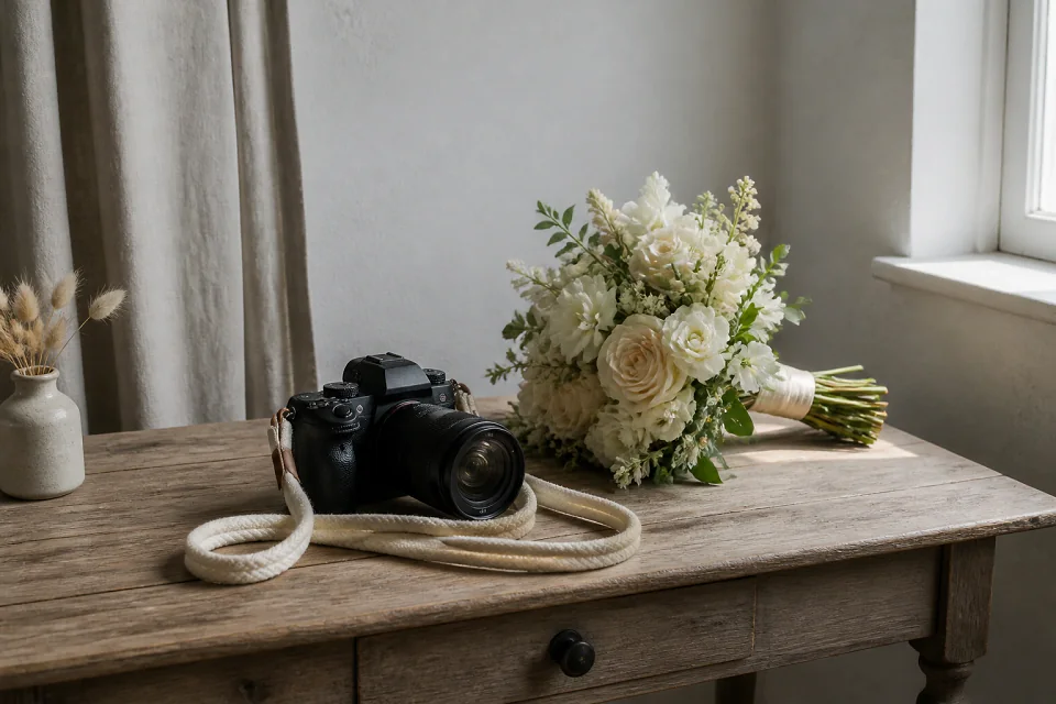 Appareil photo et accessoires de reportage de mariage — illustration générée par IA