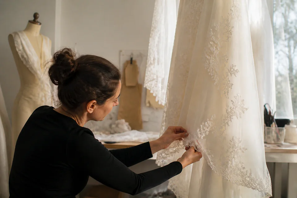 Robe de mariée dans un atelier de confection — illustration générée par IA