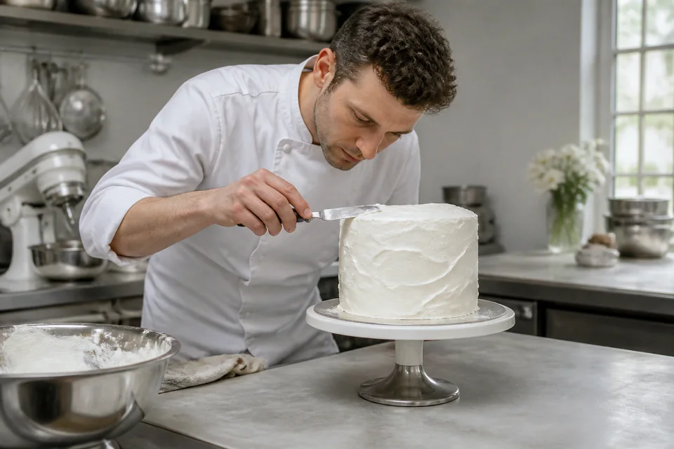 Gâteau de mariage préparé dans un atelier — illustration générée par IA