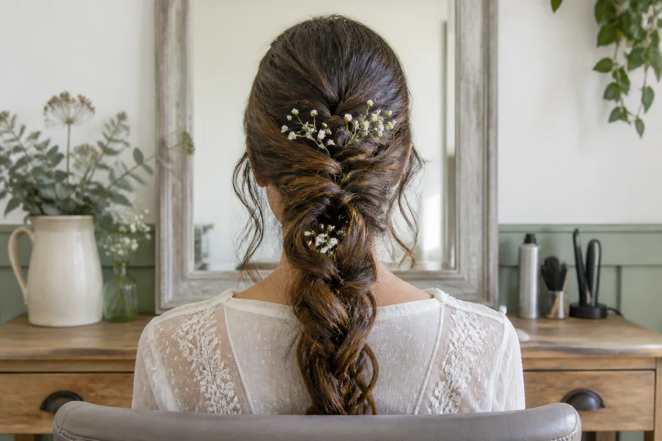 Coiffure de cérémonie vue pendant la préparation — illustration générée par IA