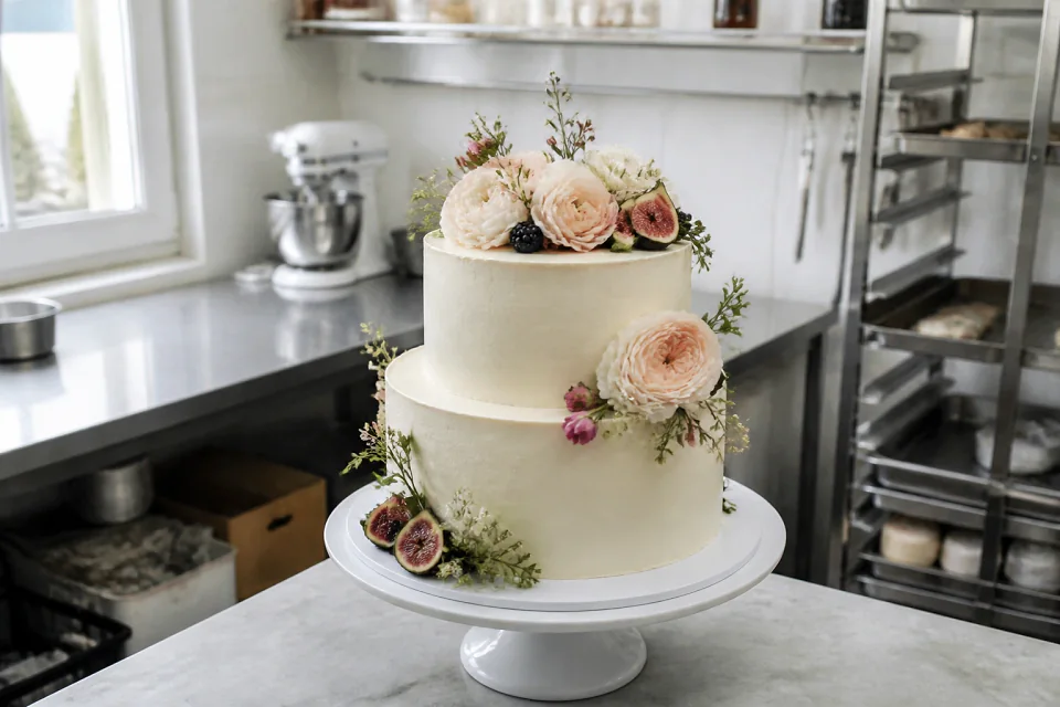 Gâteau de mariage préparé dans un atelier — illustration générée par IA