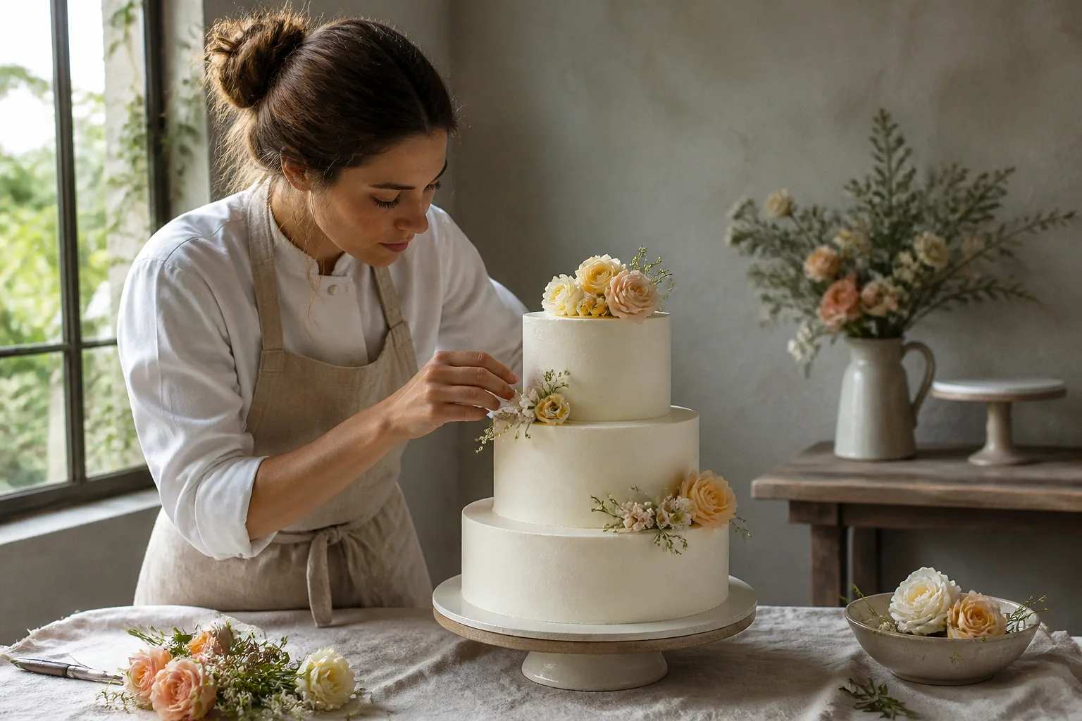 Gâteau de mariage préparé dans un atelier — illustration générée par IA