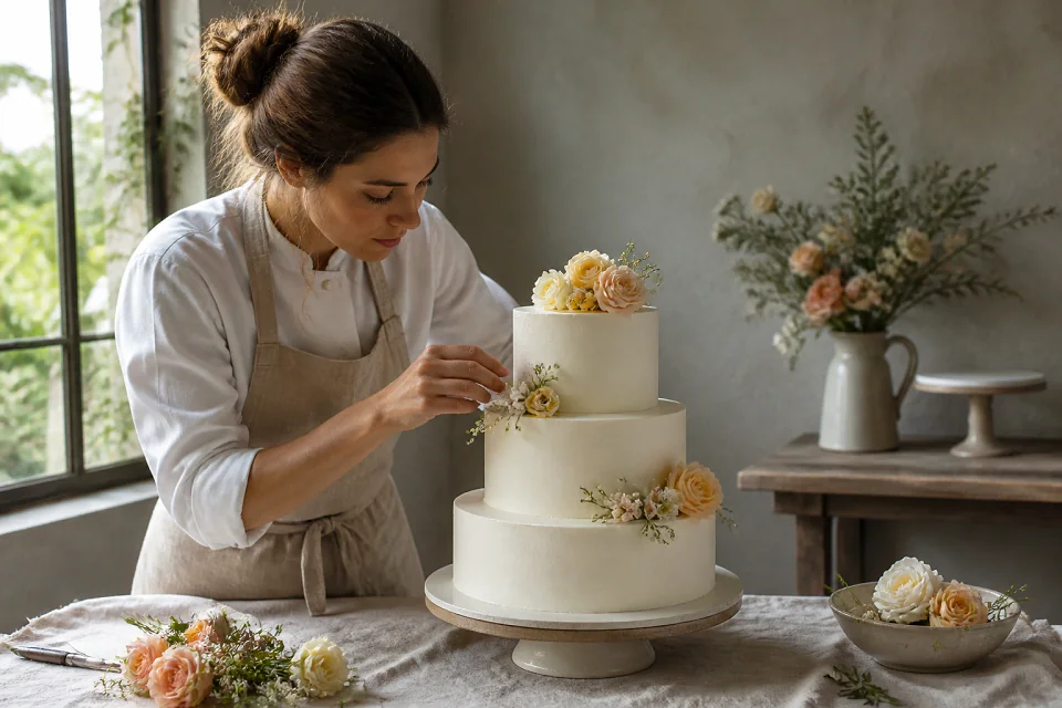 Gâteau de mariage préparé dans un atelier — illustration générée par IA