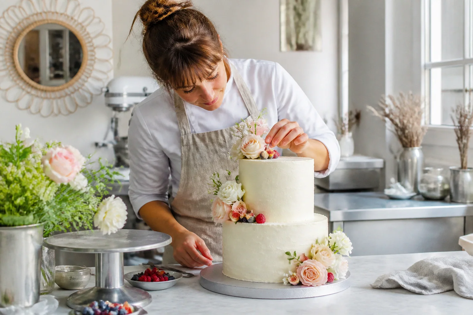 Gâteau de mariage préparé dans un atelier — illustration générée par IA