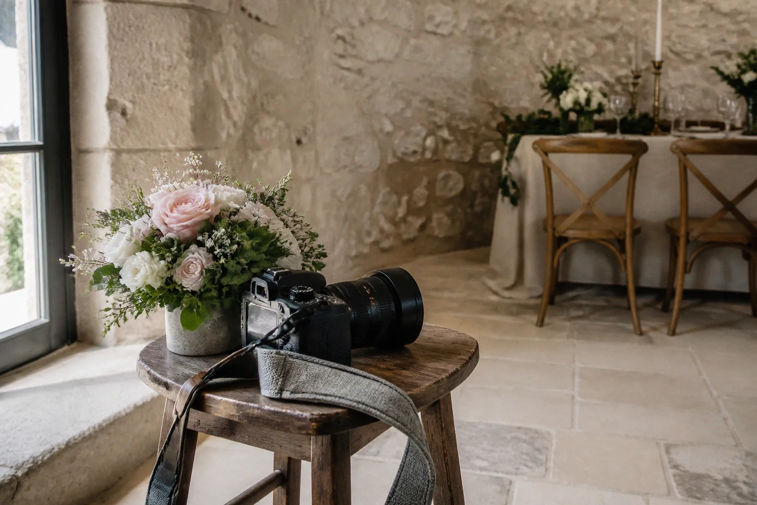 Appareil photo et accessoires de reportage de mariage — illustration générée par IA