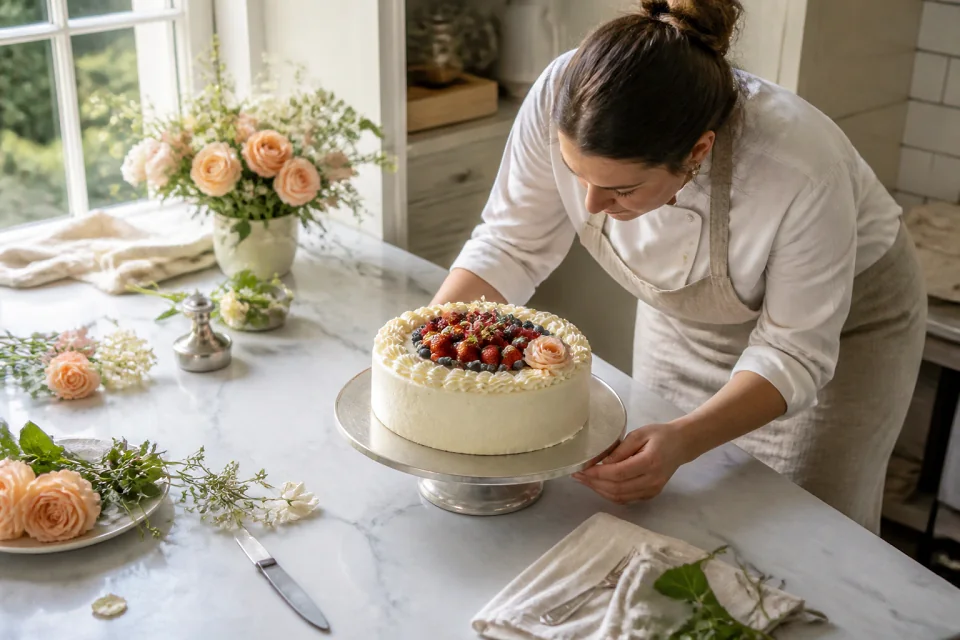 Gâteau de mariage préparé dans un atelier — illustration générée par IA