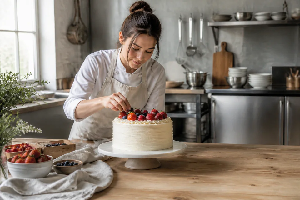 Gâteau de mariage préparé dans un atelier — illustration générée par IA