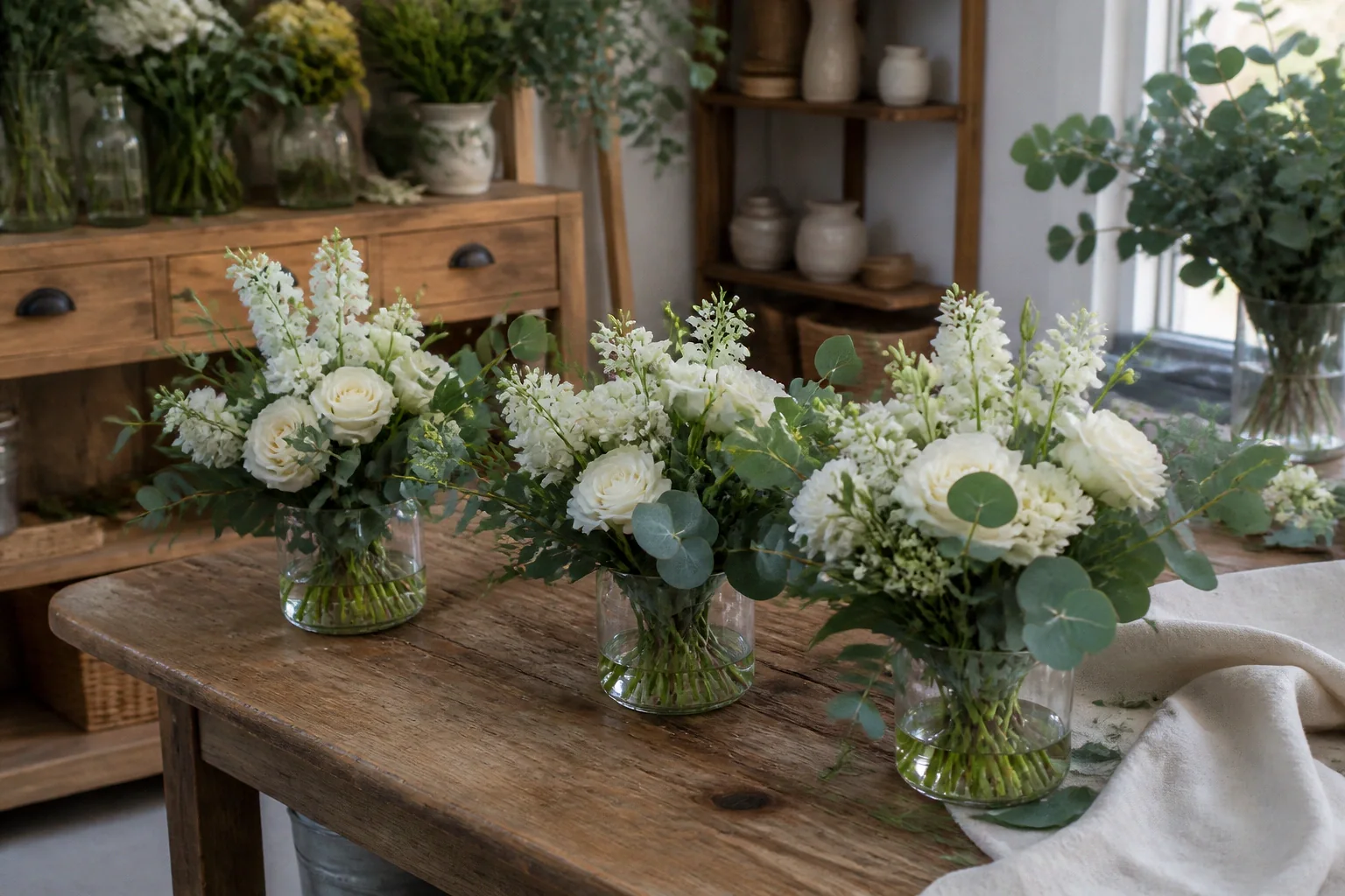 Préparation florale pour un mariage — illustration générée par IA