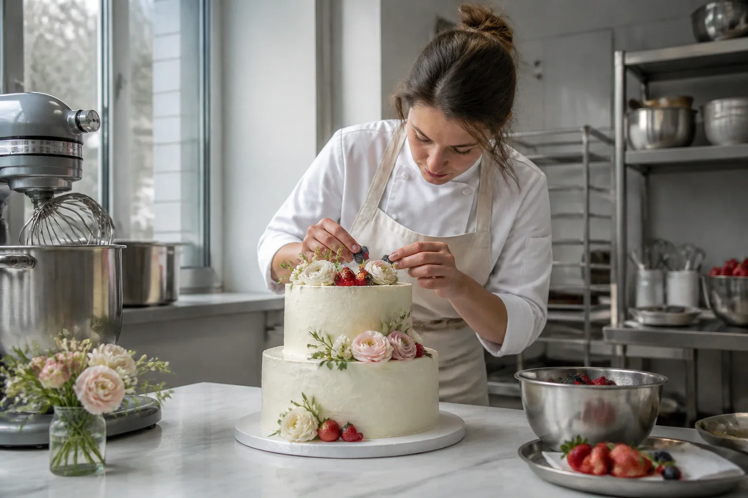 Gâteau de mariage préparé dans un atelier — illustration générée par IA