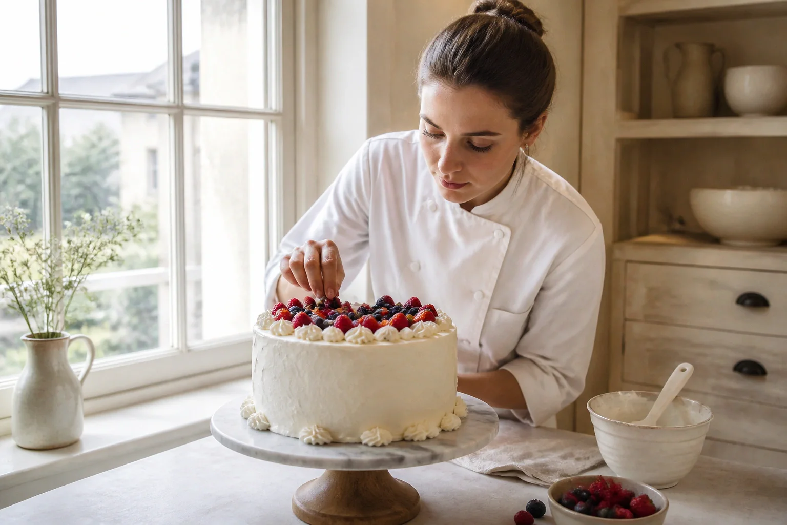 Gâteau de mariage préparé dans un atelier — illustration générée par IA