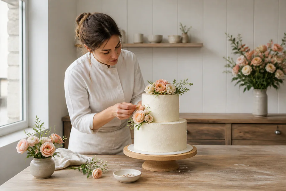 Gâteau de mariage préparé dans un atelier — illustration générée par IA