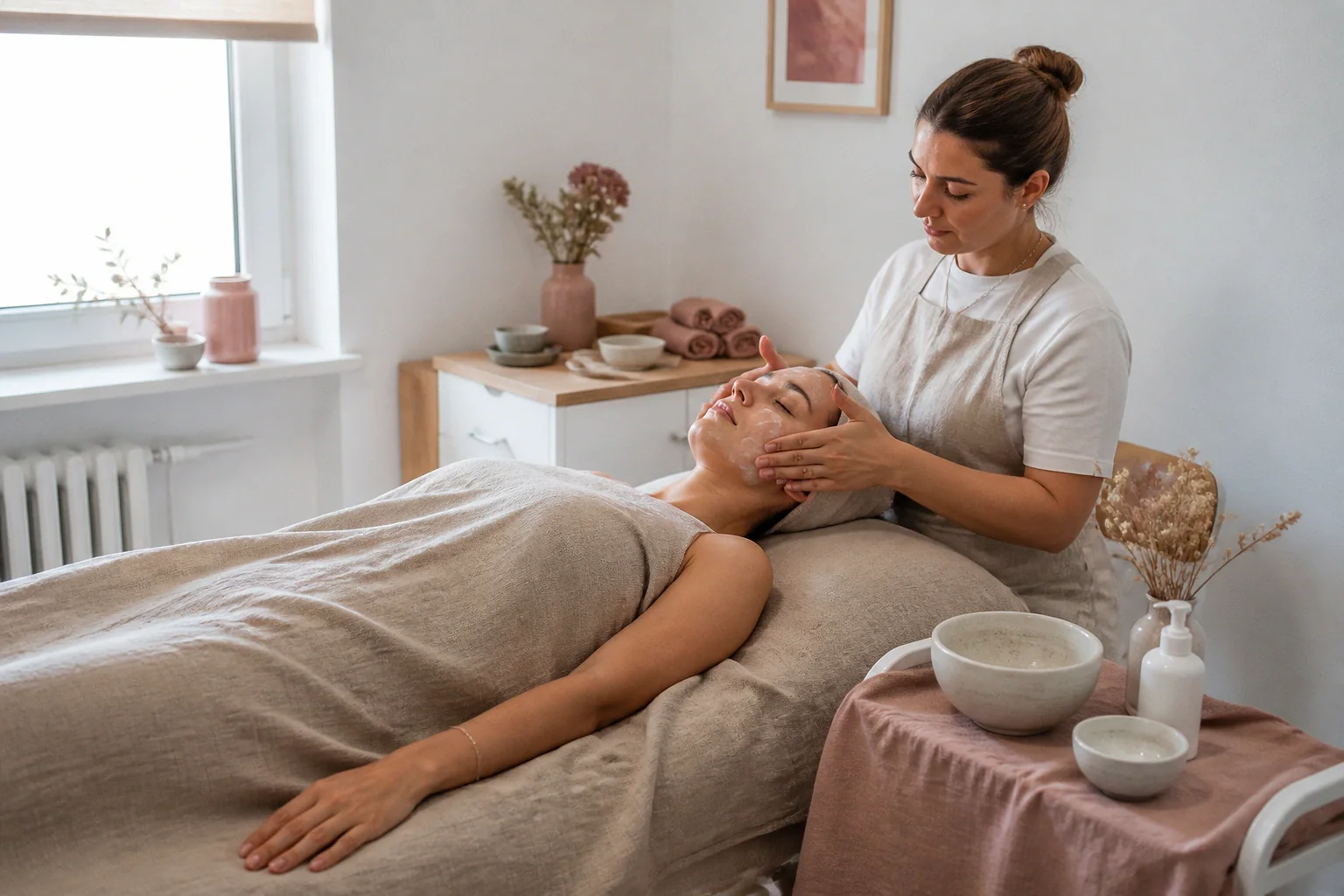 Préparation de soins esthétiques avant un mariage — illustration générée par IA