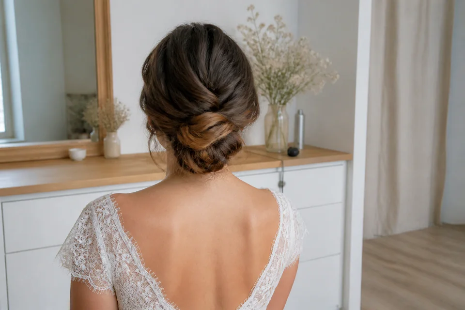 Coiffure de cérémonie vue pendant la préparation — illustration générée par IA