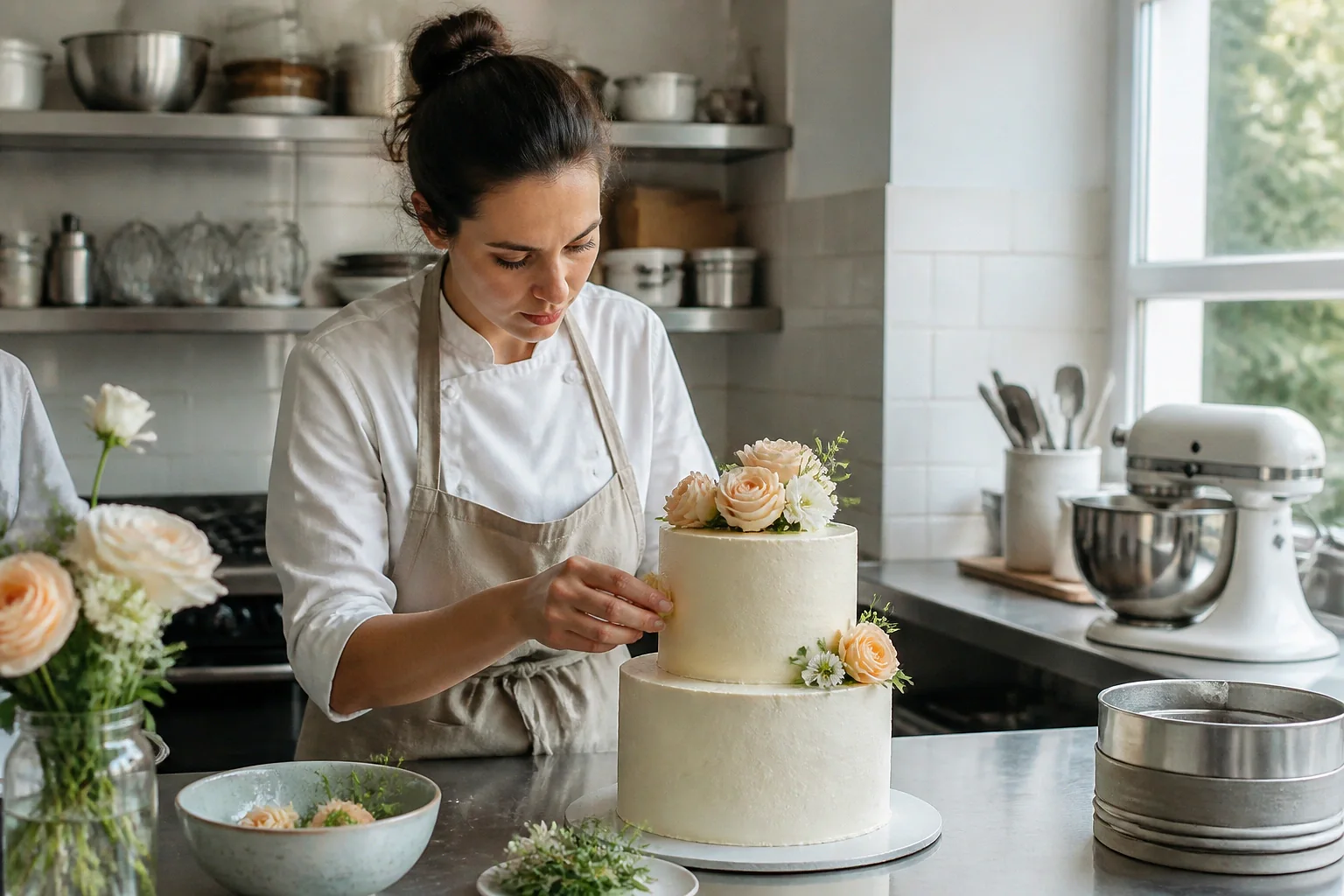 Gâteau de mariage préparé dans un atelier — illustration générée par IA