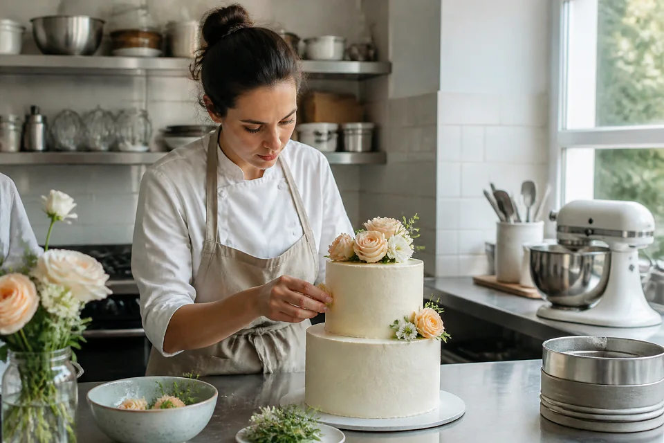 Gâteau de mariage préparé dans un atelier — illustration générée par IA