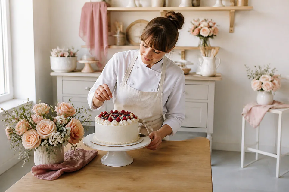 Gâteau de mariage préparé dans un atelier — illustration générée par IA
