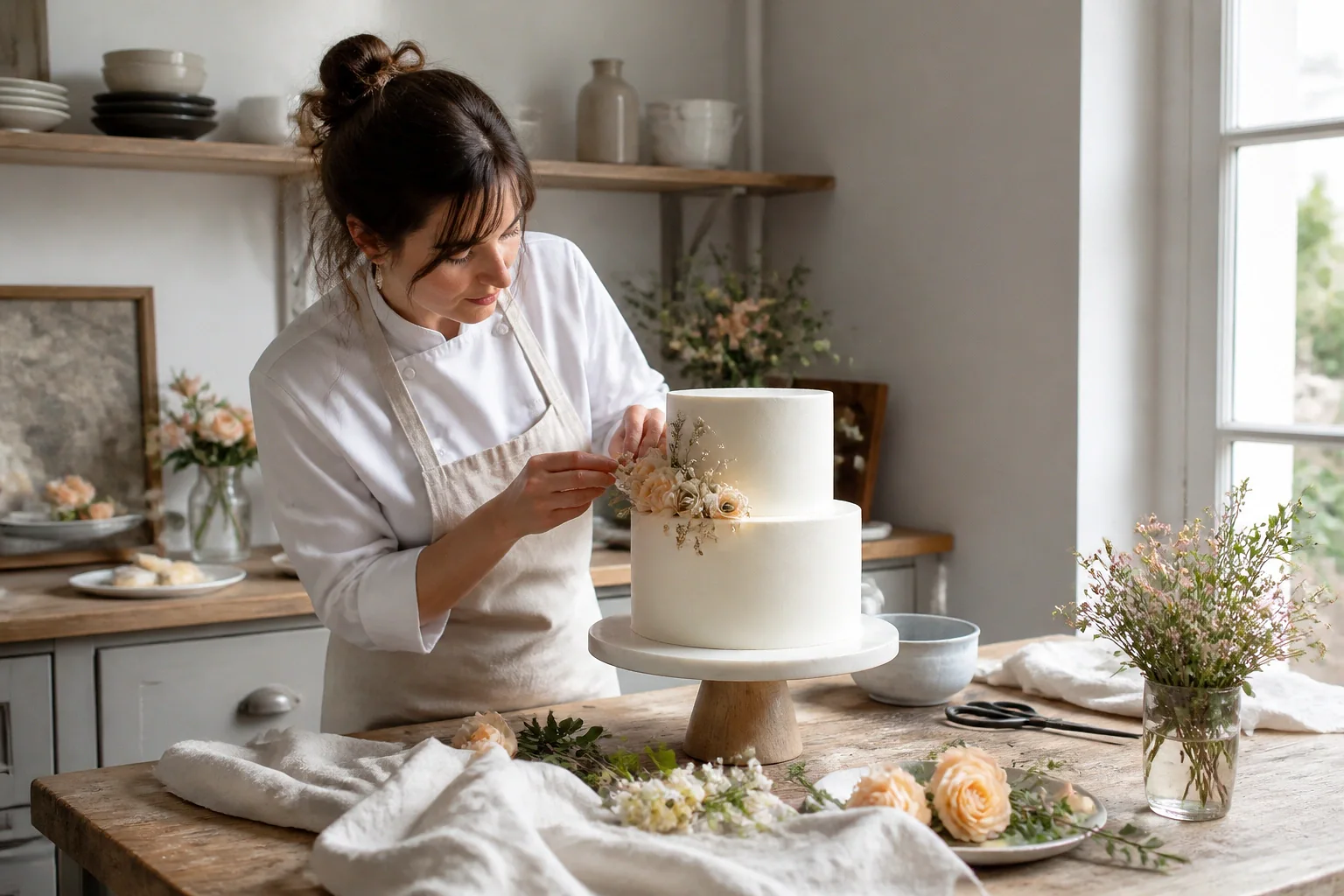 Gâteau de mariage préparé dans un atelier — illustration générée par IA