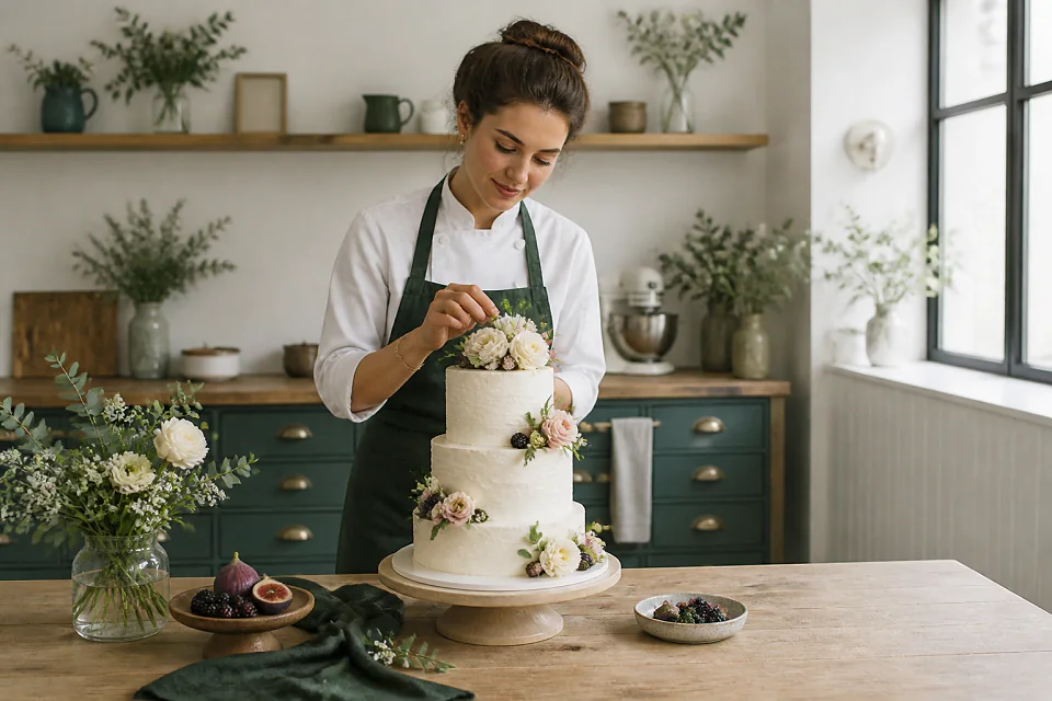 Gâteau de mariage préparé dans un atelier — illustration générée par IA
