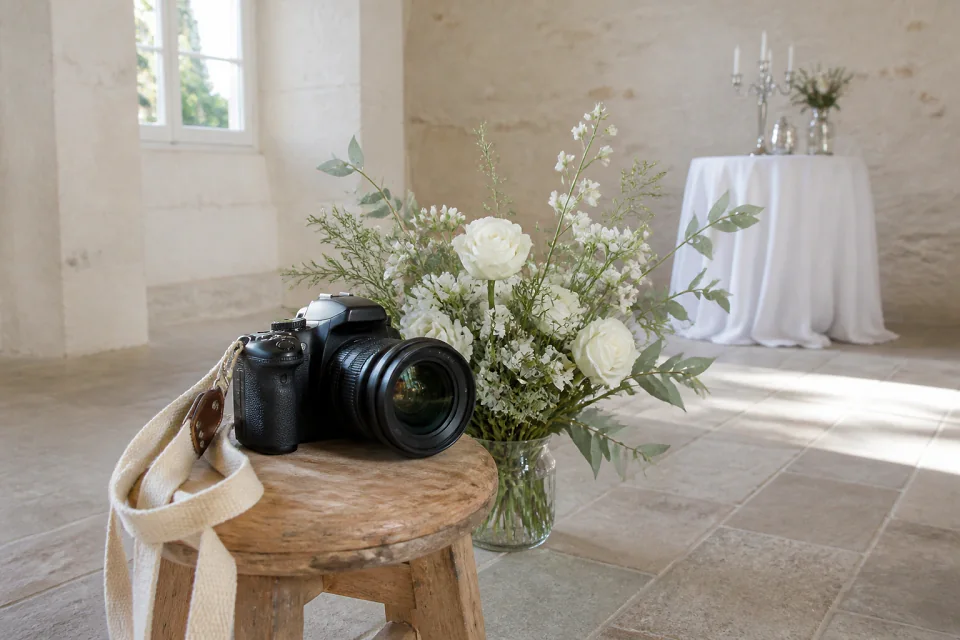 Appareil photo et accessoires de reportage de mariage — illustration générée par IA